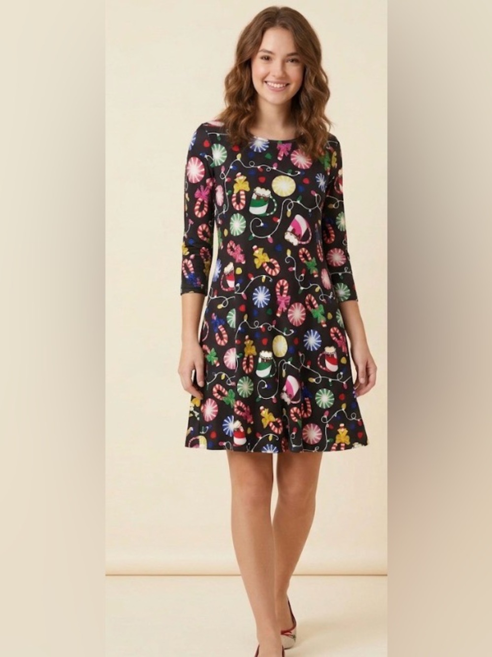 Dress works holiday dress size medium with Christmas lights/mugs and candy canes